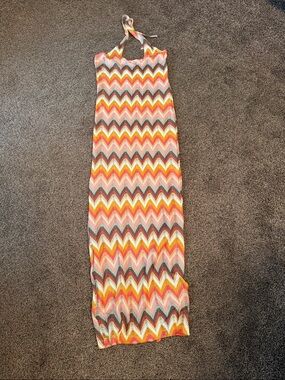 Skatie Chevron Halter Sheer Midi Cassie Dress in Fleetwood- Size Small